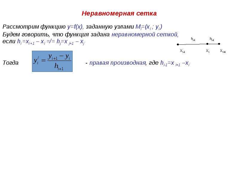 Неравномерная сетка Рассмотрим функцию y=f(x), заданную узлами Mi=(xi ; yi ) Будем говорить, что фун