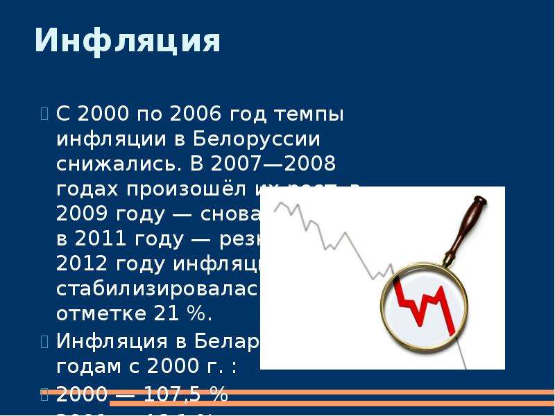 Инфляция С 2000 по 2006 год темпы инфляции в Белоруссии снижались. В 2007—2008 годах произошёл их ро