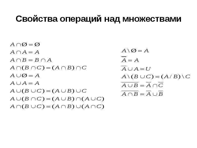 Операция формула. Операции над множествами свойства операций над множествами. Основные операции над множествами. Свойства операций.. Операции с множествами формулы. Формулы множеств и операций над ними.