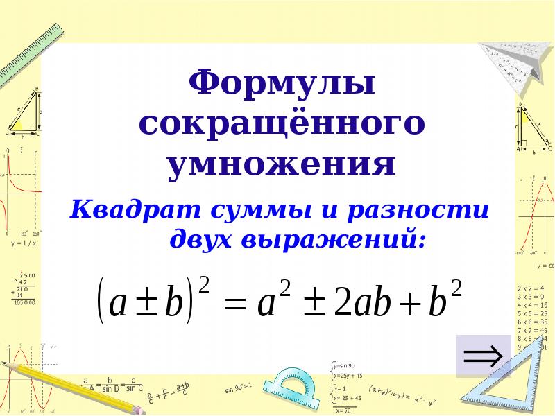 Презентация 7 класс алгебра формулы сокращенного умножения