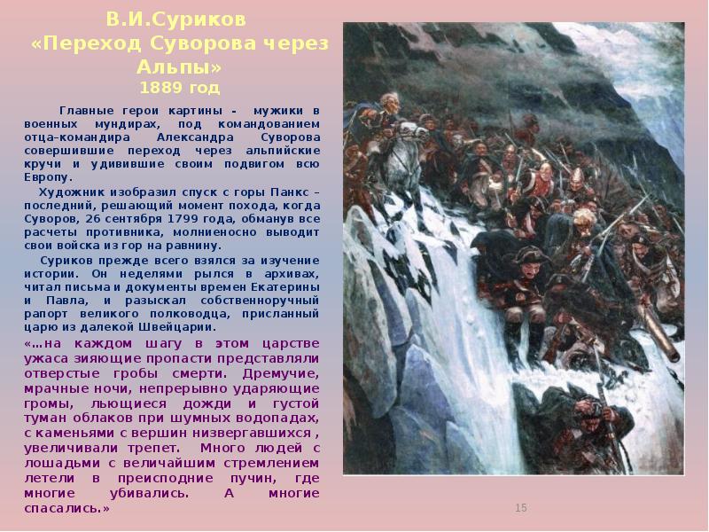 Опишите картину в и сурикова переход суворова через альпы с 165 используя знание подробностей кратко