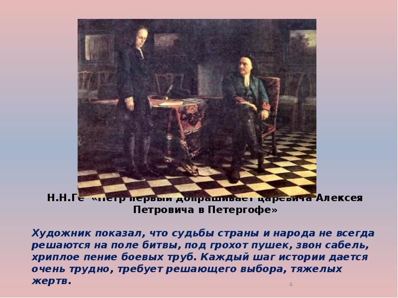 Описание картины петр 1 допрашивает царевича алексея петровича в петергофе