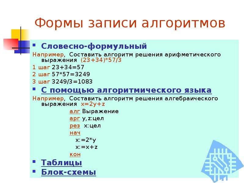 Выберите формы записи алгоритма ответ