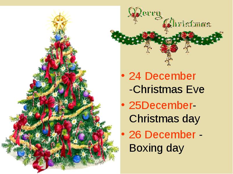 



24 December -Christmas Eve
25December-Christmas day
26 December - Boxing day
