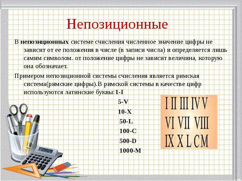 Системы счисления где значение цифры не зависит от места занимаемого в изображении числа называются