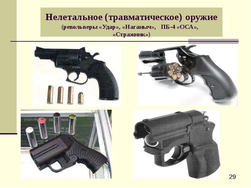 


Нелетальное (травматическое) оружие
(револьверы «Удар», «Наганыч»,   ПБ-4 «ОСА»,   «Стражник»)
