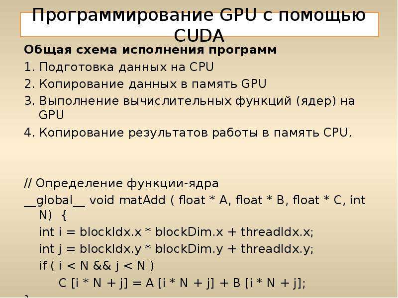 Программирование GPU с помощью CUDA Общая схема исполнения программ 1. Подготовка данных на CPU 2. К