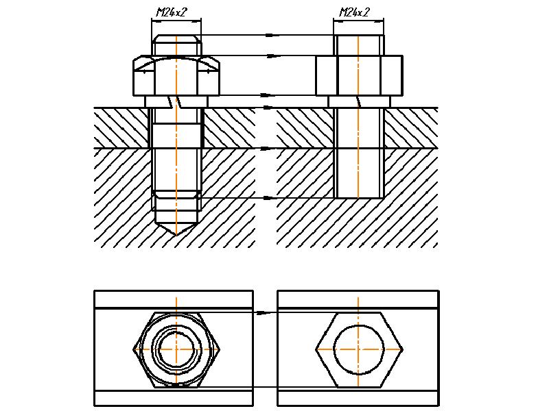 Выполнить чертеж болтового и шпилечного соединения