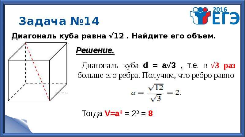 Диагональ куба 1 найти площадь поверхности