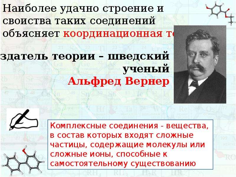 Строение комплексных соединений согласно координационной теории вернера. Альфред комплексные соединения. Строение комплексных соединений. Теория Вернера. Примеры. Реакция Вернера. Основателем координационной теории комплексных соединений.