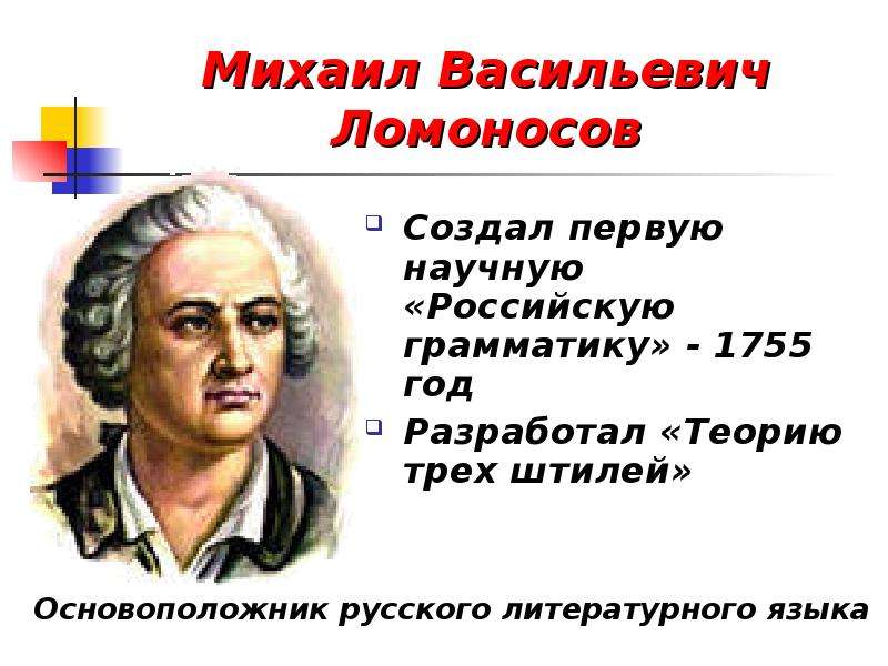 Михаил Васильевич Ломоносов Создал первую научную «Российскую грамматику» - 1755 год Разработал «Тео