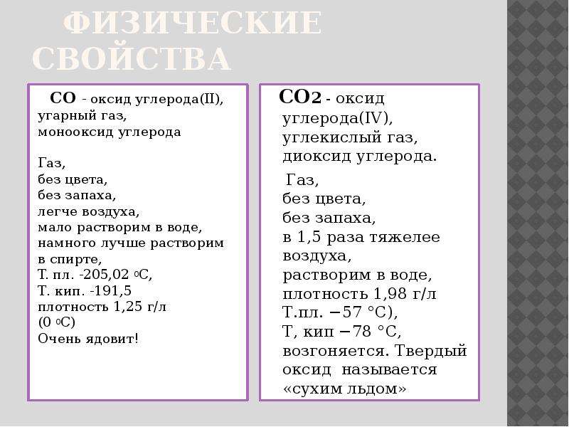 Дайте сравнительную характеристику оксида углерода 2 и оксида углерода 4 по плану