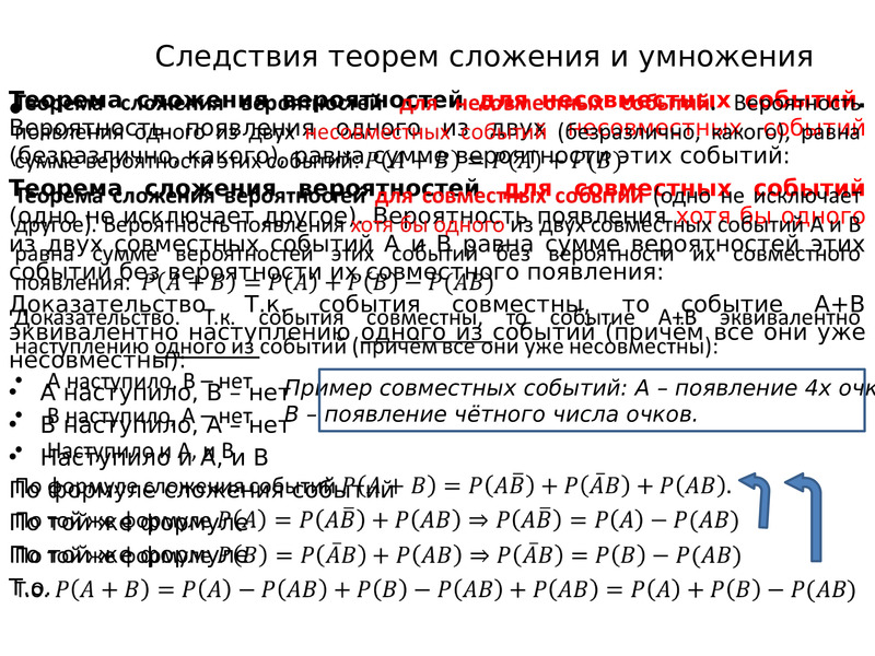 Сложение и умножение вероятностей. Следствия теорем сложения и умножения. Следствия из теорем сложения и умножения вероятностей. Теорема сложения вероятностей следствия. Следствия теоремы умножения вероятностей.