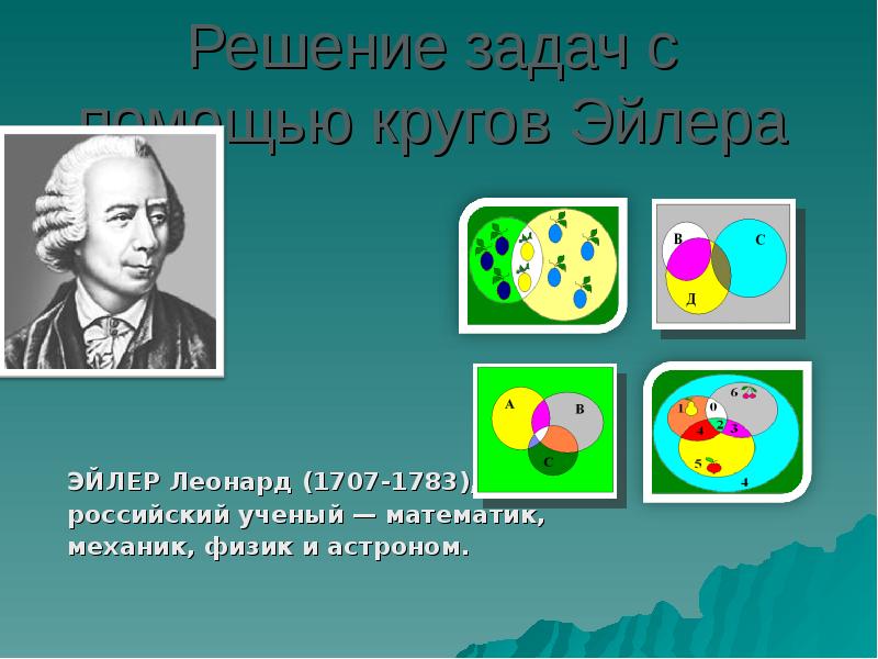 Решение задач с помощью кругов Эйлера ЭЙЛЕР Леонард (1707-1783), российский ученый — математик, меха