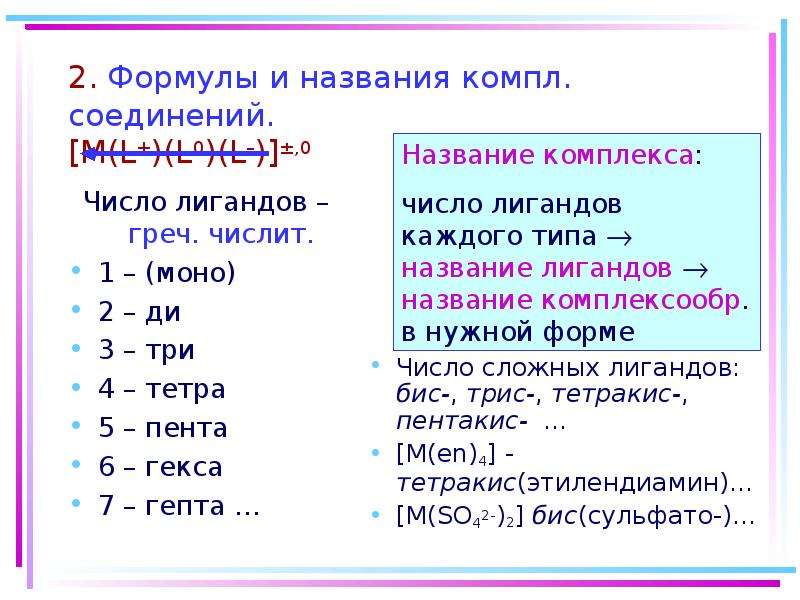 Моно ди три. Число лигандов. Число лигандов в комплексе. Названия лигандов. Название комплексов.