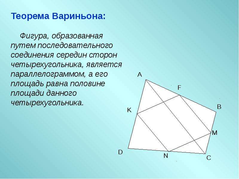 Середина стороны. Теоре́ма Вариньо́на. Лемма Вариньона. Площадь четырехугольника Вариньона. Теорема Вариньона для четырехугольника.