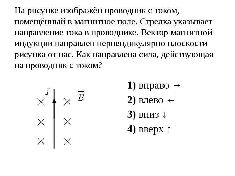 На рисунке изображен проводник с током помещенный в магнитное поле стрелка указывает