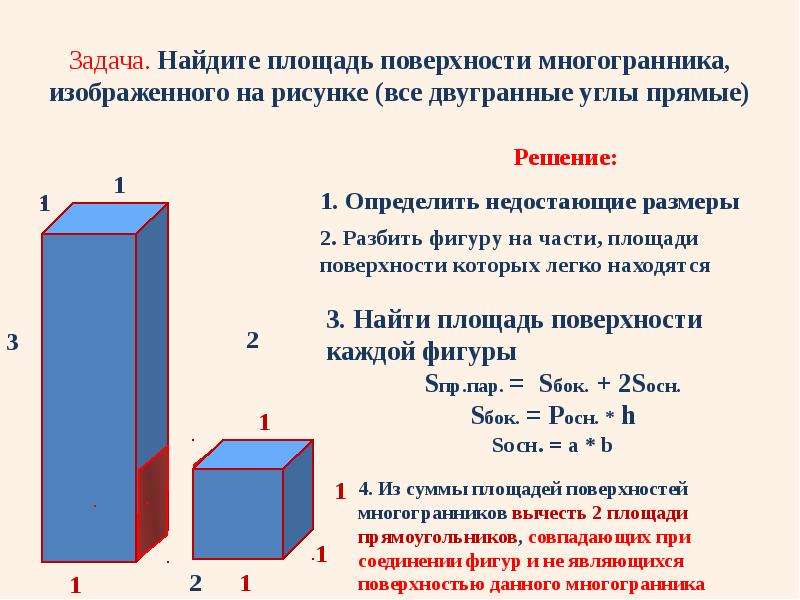 Найдите площадь поверхности многогранника изображенного на рисунке все двугранные углы прямые 25581