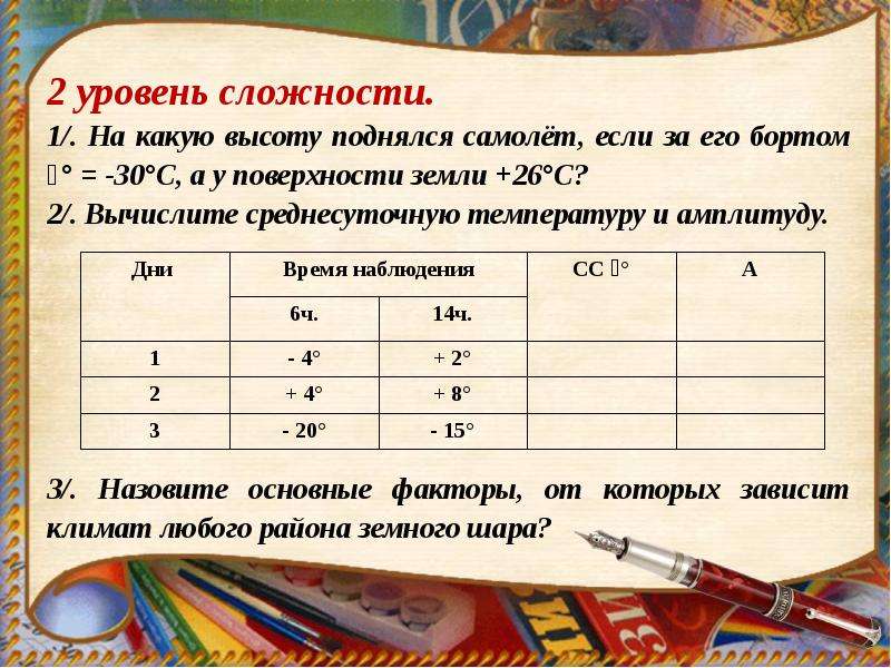 Гео 6 класс. 1 Уровень сложности. На какую высоту поднялся самолёт если за бортом -30 а у поверхности +24. Подняться на высоту ( какую?). На какую высоту поднялся самолет если за бортом 24 градуса.