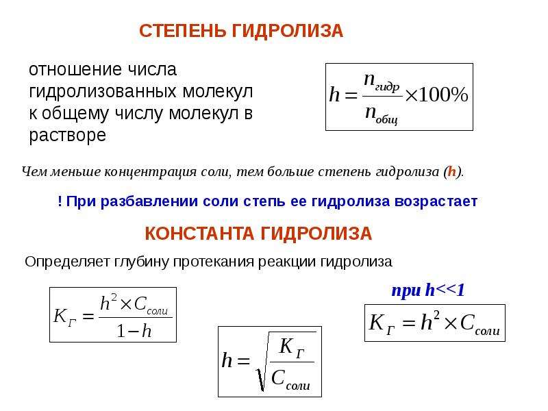 Молекулярные растворы. Константа и степень гидролиза. Вычисление константы гидролиза. Глубина протекания гидролиза. Степень и Константа гидролиза различных типов солей.