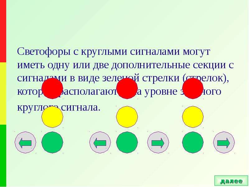 Круглые сигналы светофора. Сигналы светофора с двумя дополнительными секциями. Сочетание сигналов светофора.