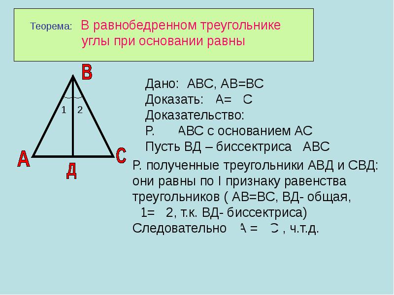 Почему углы при основании равны. В равнобедренном треугольнике углы при основании равны. Угол при основании равнобедренного треугольника. Равнобедренный треугольник углы при основании равны доказательство. Теорема об углах при основании равнобедренного треугольника.
