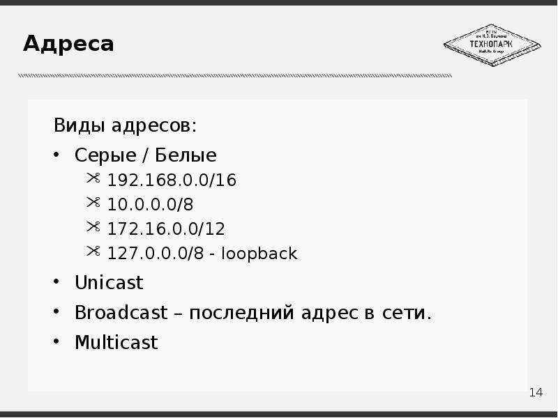 


Адреса
Виды адресов:
Серые / Белые
192.168.0.0/16
10.0.0.0/8
172.16.0.0/12
127.0.0.0/8 - loopback
Unicast
Broadcast – последний адрес в сети.
Multicast
