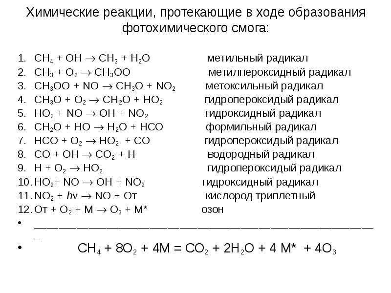 Химическая реакция протекает. Реакция образования фотохимического смога. Фотохимический смог формула. Метилпероксидный радикал. Реакции протекающие с использованием метильных радикалов.