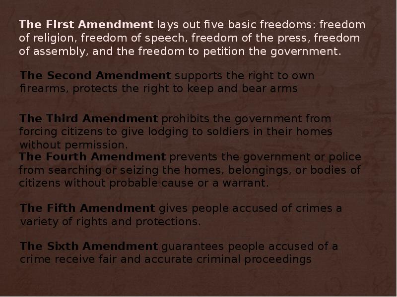 The First Amendment lays out five basic freedoms: freedom of religion, freedom of speech, freedom of