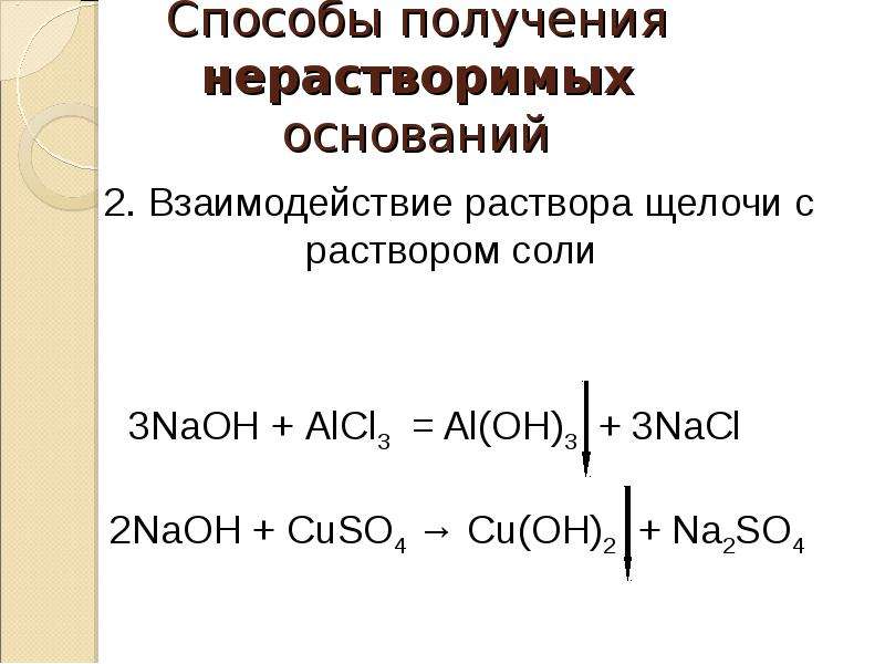 Взаимодействие с щелочами. Способы получения нерастворимых оснований. Взаимодействие щелочей с растворами солей. Взаимодействие оснований с растворами солей. Способы получения щелочей.