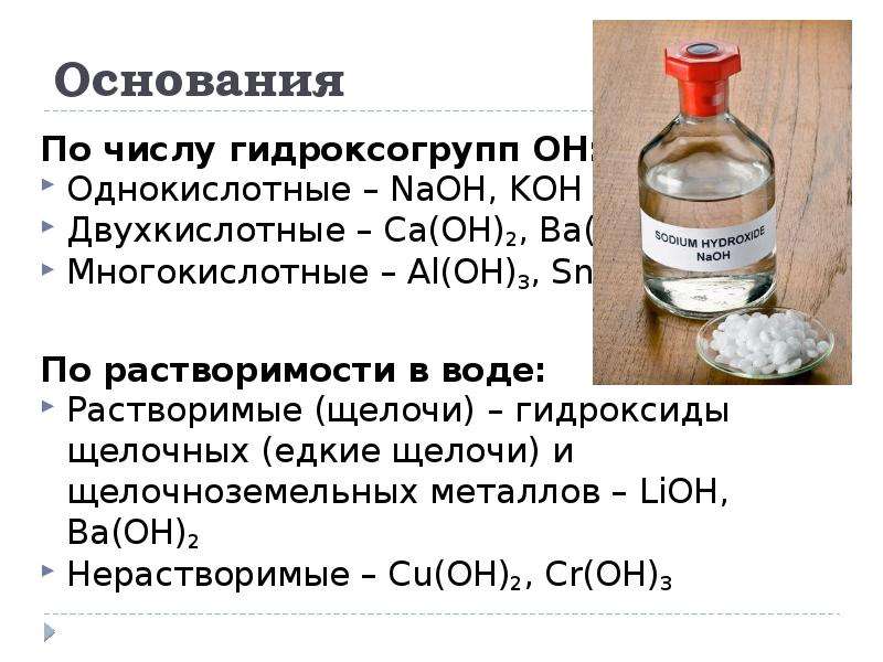 Основные щелочи. Основания по числу гидроксогрупп. Однокислотные гидроксиды. Двухкислотные щелочи. Однокислотные и двухкислотные щелочи.