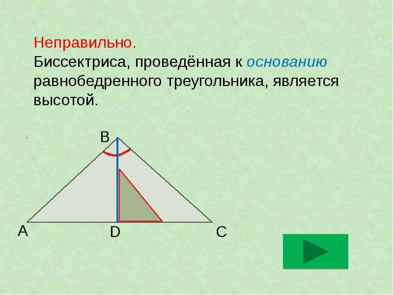 Любая высота равнобедренного треугольника является его биссектрисой