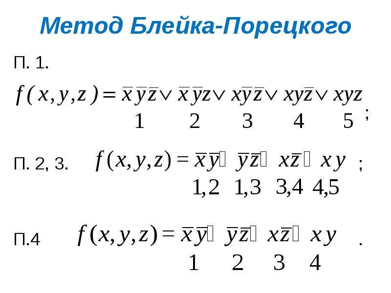 Днф метод. Метод Блейка построения сокращенной ДНФ. Упростить СДНФ методом Блейка Порецкого. Алгоритм Блейка Порецкого. Формула Блейка Порецкого.