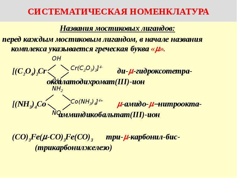 Систематическая номенклатура. Комплексы с мостиковыми лигандами. Названия лигандов. Название комплексов.