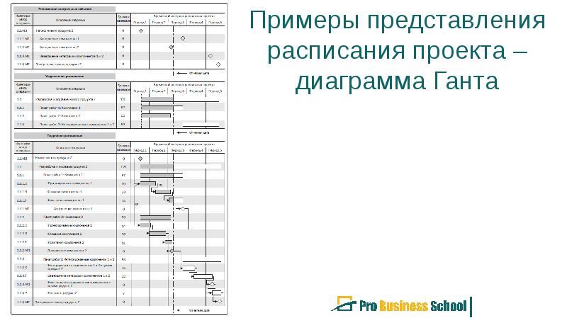 Общепринятые пути представления расписания проекта включают все за исключением