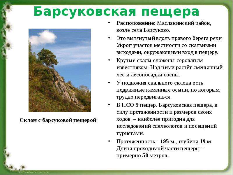 Барсуковская пещера Расположение: Маслянинский район, возле села Барсуково. Это вытянутый вдоль прав