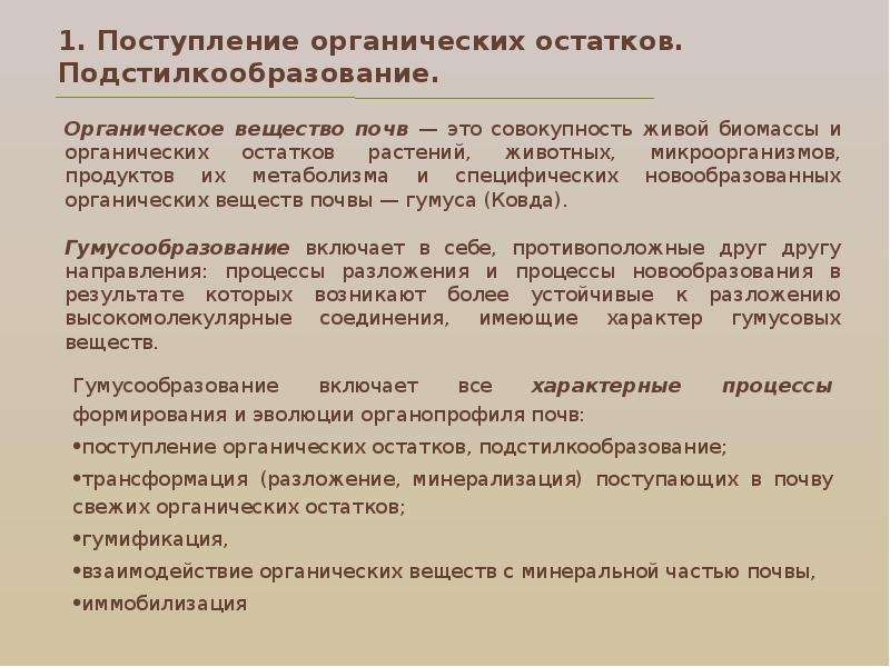 Поступление органического вещества в почву. Подстилкообразование почвы. Поставщиком основной массы органического вещества в почву служат. Органические остатки.