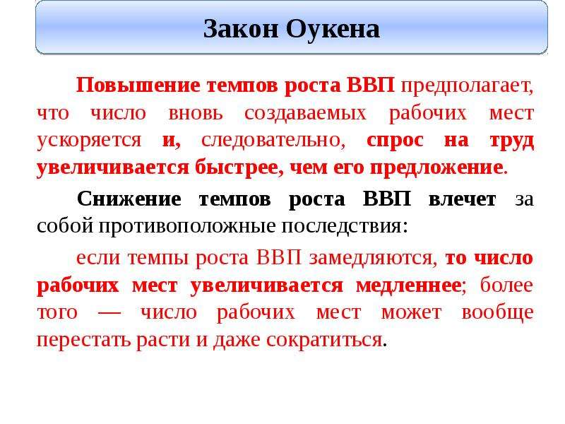 Повышение темпов. Последствия безработицы закон Оукена. О чем свидетельствует увеличение темпов роста.