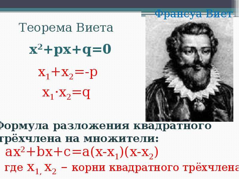 Теорема разложения. Франсуа Виет теорема. Франсуа Виет формула. Квадратные уравнения Франсуа Виет. Теорема Виета разложение на множители.