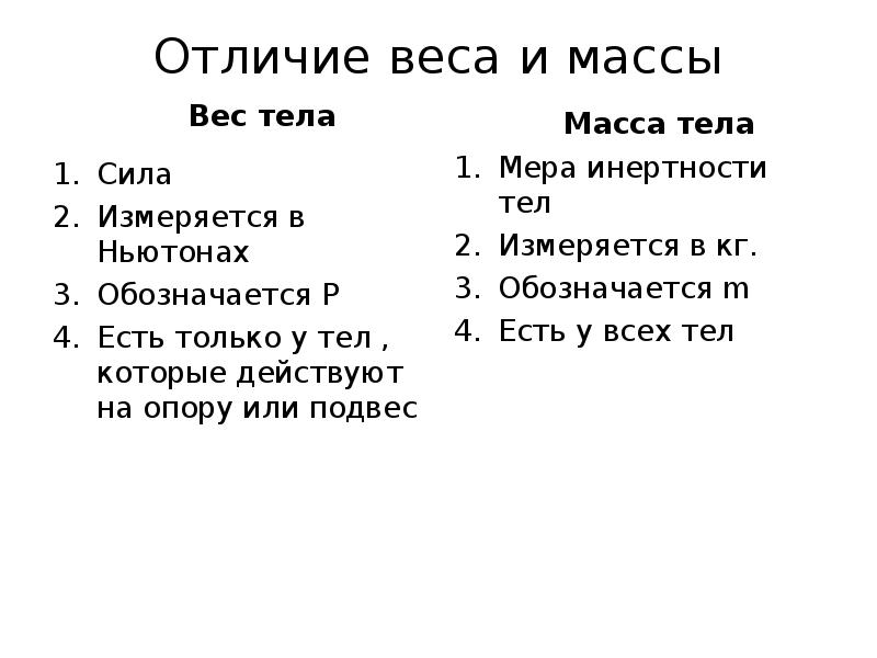 Чем отличается вес от массы. Отличие веса тела от массы. Чем отличается вес от массы в физике. Отличие веса от массы в физике. Вес и масса в чем разница.