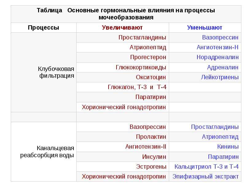 Основная таблица. Основные гуморальные влияния на процессы мочеобразования. Гормоны влияющие на клубочковую фильтрацию. Основные гуморальные влияния на процессы мочеобразования таблица. Факторы влияющие на диурез.