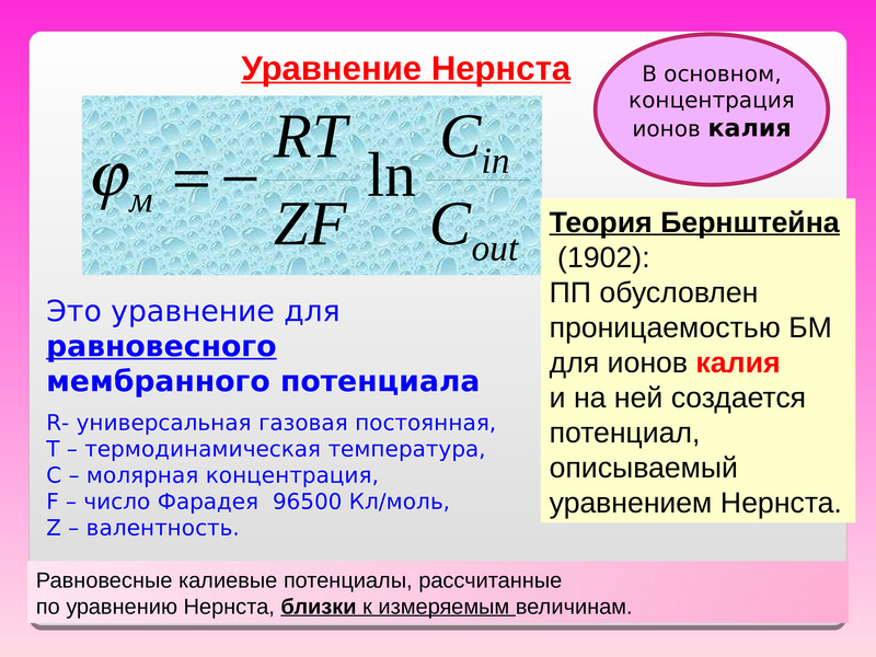 Постоянная т. Уравнение Нернста для мембранного потенциала. Уравнение Нернста биофизика. Формула мембранного потенциала Нернста. Уравнение Нернста для мембранного потенциала покоя.