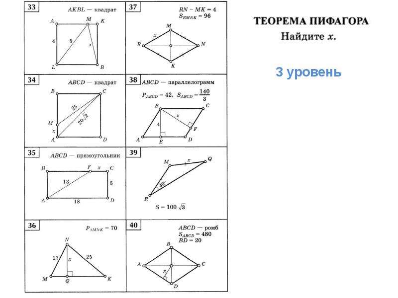 Теорема пифагора задачи на готовых чертежах