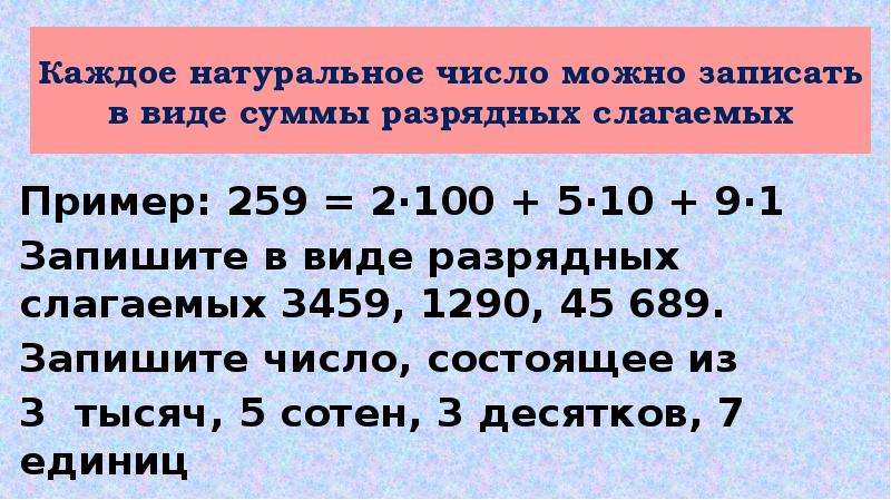 Запишите 4 числа натуральных. Запись числа в виде суммы разрядных слагаемых. Каждое натуральное число можно записать в виде суммы.