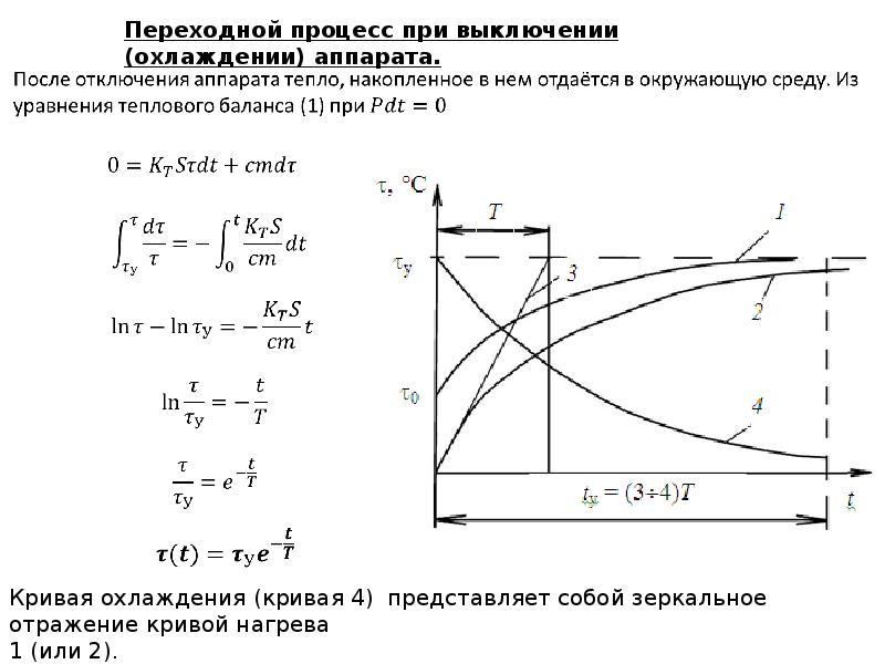 Процесс охлаждения. Переходный процесс нагрева или остывания электрического аппарата. Уравнение нагрева и охлаждения электродвигателя. Уравнение переходного процесса. Кривые нагрева электрических аппаратов.