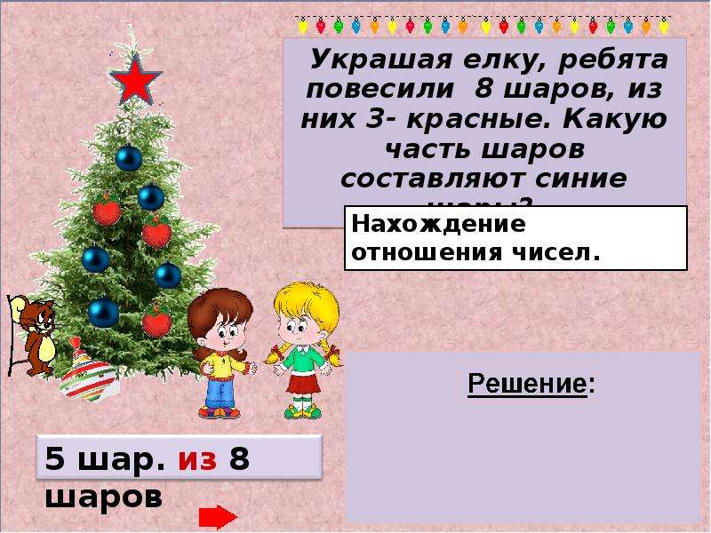 На каждом дереве ребята повесили по два. Эстафета наряди елку. Задача на ёлку повесили 8 шариков. На елку повесили 5 красных шаров. Нахождение отношения чисел 5 шаров из 8 шаров.