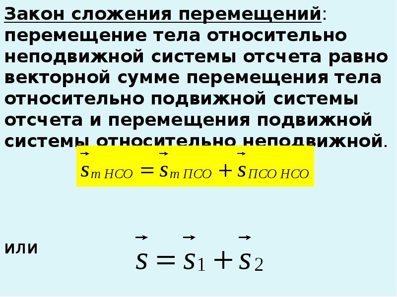 Закон скорости движения тела. Закон сложения перемещений. Формула сложения перемещений. Сложение перемещений и скоростей. Закон сложения перемещений и скоростей.