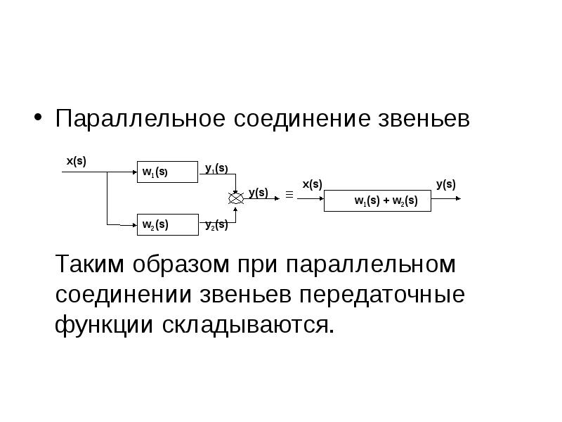 Соединенные звенья. Параллельное соединение передаточных функций. Передаточные функции соединений звеньев. Параллельно-согласное соединение звеньев САУ. Передаточная функция последовательного соединения звеньев равна.