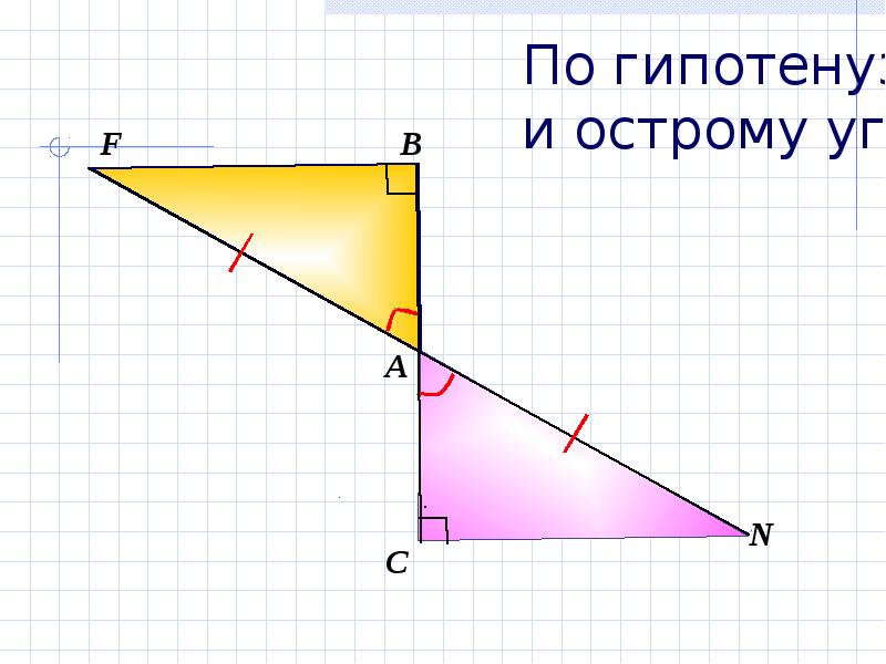 По гипотенузе и острому углу рисунок. По гипотенузе и острому углу. По гипотенузе и остров углу. Гипотенуза и острый угол. Равенство треугольников по гипотенузе и острому углу.