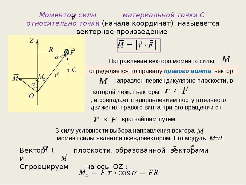 Вектор момента силы. Момент силы материальной точки. Сумма моментов сил относительно точки. Момент силы относительно материальной точки. Момент силы относительно начала координат.